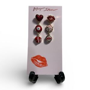 Betsey Johnson Drop Earrings with Heart, Dice, Lips & Cherry Soda Charms - NWT *